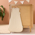 Love Cats baby sleep bag hanging in a nursery, styled with soft bunting and coordinating bedding for a calm, cohesive look