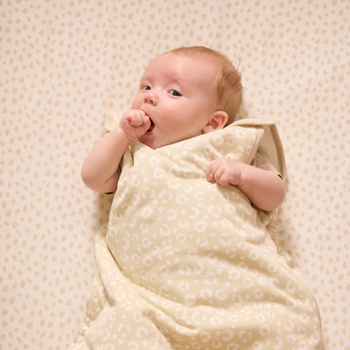 Close-up of baby resting in the Love Cats baby sleep bag, featuring soft  fabric for gentle comfort