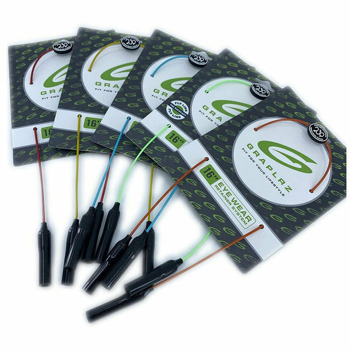 Assorted color pack of five packaged Graplrz sunglasses retainers in red, yellow, blue, green, orange