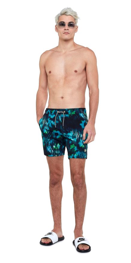 Abstract Floral Swim Trunk Turquoise