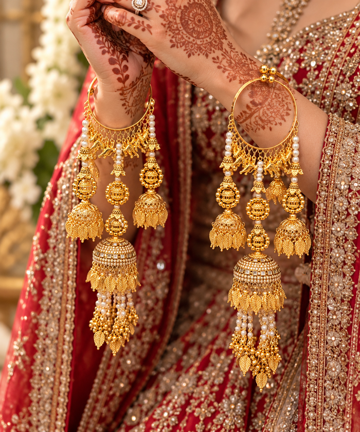Adjustable Bridal Kalira Bangles – Gold-Tone with Pearl & Jhumka Detailing