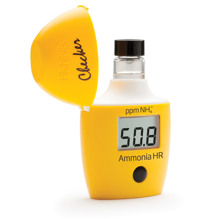 A TAS Ammonia High Range Checker HC hr meter on a white background, accurately measuring water quality in freshwater bodies.