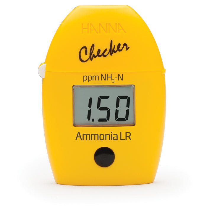 A yellow digital device labeled "TAS Ammonia Low Range Checker HC" displays "1.50" on the screen, perfect for freshwater ammonia testing and water quality monitoring.