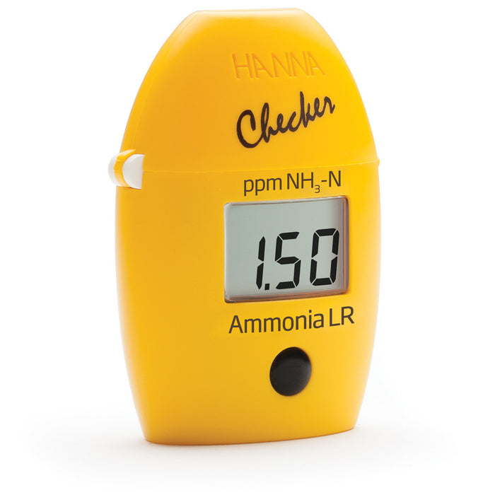 A yellow handheld TAS Ammonia Low Range Checker HC displays a reading of 1.50 ppm NH3-N, ideal for water quality monitoring.