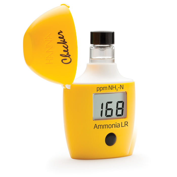 A yellow Ammonia Low Range Checker HC with an open cover, displaying a reading of 168 ppm NH3-N on the screen. The brand name "TAS" is visible on the cover, making it ideal for precise water quality monitoring.