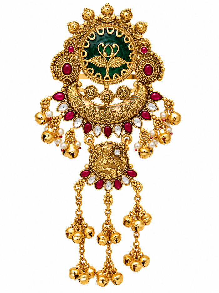 Antique gold bridal hair clip with red stones and ghungroo