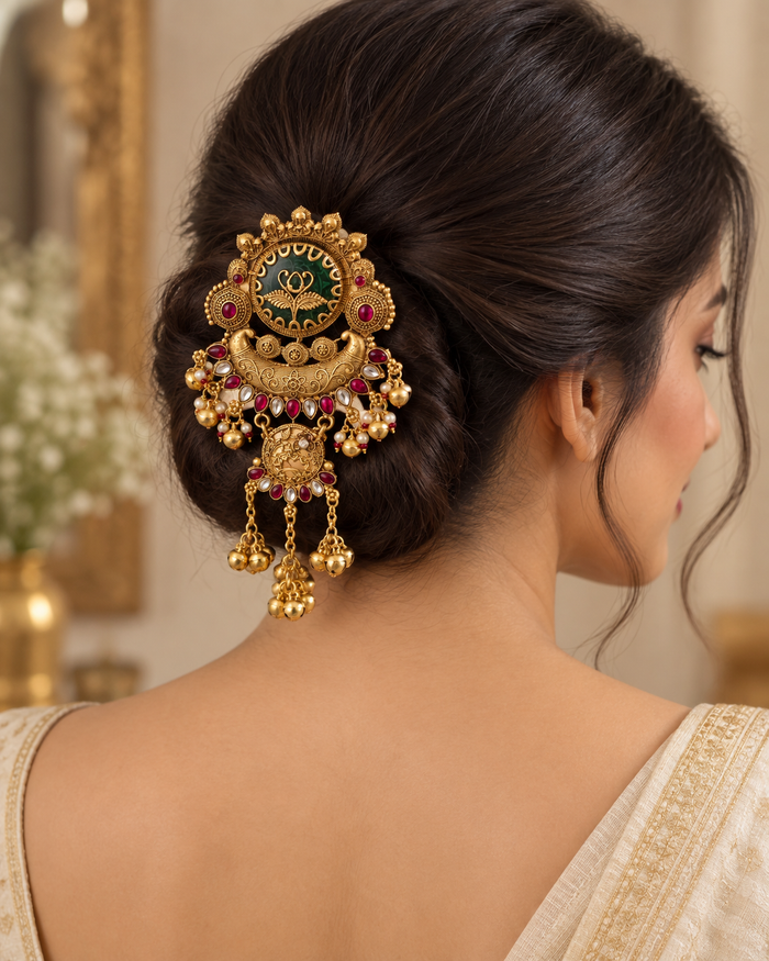 Antique gold bridal hair clip with red stones and ghungroo detail
