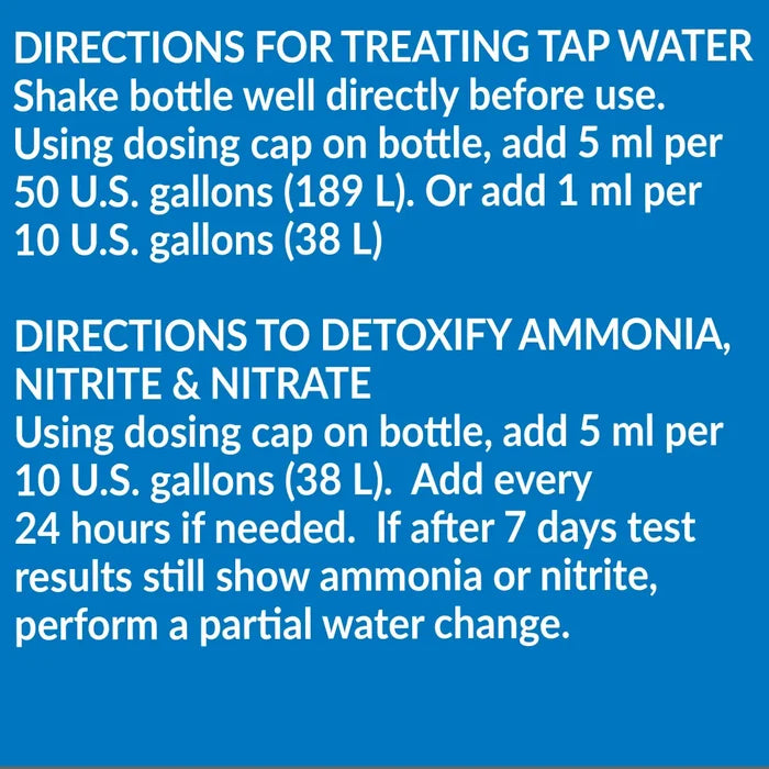 Instructions for using the dosing cap to treat tap water in your fish tank: TAS Aqua Essential Water Conditioner removes chlorine and detoxifies ammonia, nitrite, and nitrate. Specific dosages and procedures are provided on a blue background.