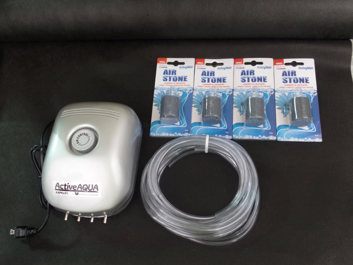 A TAS AquaAeration Kit with 4 Outlet Pump, a compact air purifier with a hose and a pack of hoses designed for ponds and water gardens.