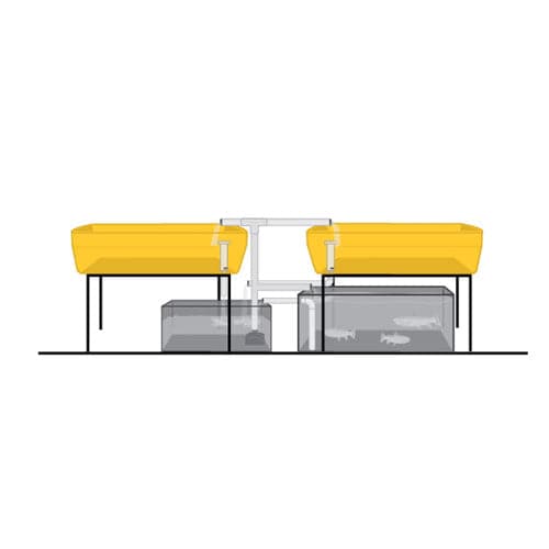 A drawing of a yellow AquaParts SS2 Aquaponics Plumbing Kit sump tank with a yellow lid.