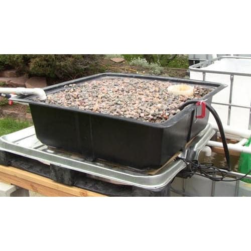 A bucket of Aquaponics Easy-Reach 50 Gallon Grow Bed gravel sitting on top of a wooden table, perfect for greenhouses and aquaponics systems from TAS.