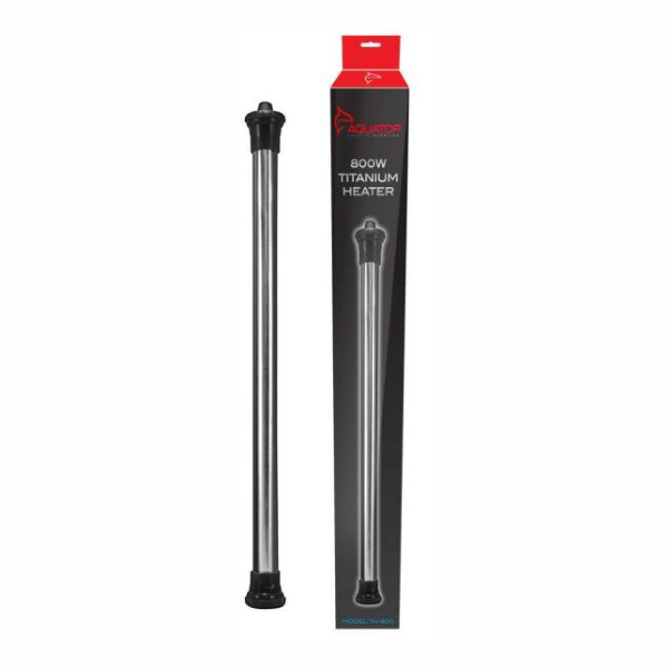 A titanium heater with black ends is displayed next to its sleek black and red packaging box labeled "Aquatop Titanium Heater 800 Watt." This TAS Aquatop Titanium Heater pairs perfectly with the Ink Bird Digital Temperature Controller for precise temperature management.
