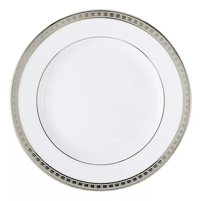 The Bernardaud Athena Platinum Dinnerware dinner plate, viewed from above on a white background, features a metallic silver geometric patterned rim and a thin black line near the border. The white porcelain plate is empty.
