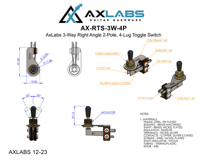 AxLabs Right Angle 3-Way, 2-Pole / 4-Lug Toggle Switch