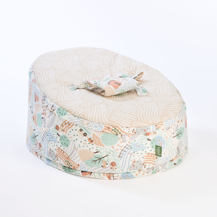 Cutout of Good Life beanbag showing removable safety harness, crafted in soft printed fabric for safe, snuggly relaxation