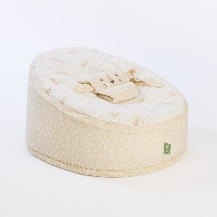 Angled cutout of the Love Cats baby beanbag in beige leopard print, featuring cat-themed harness and gently contoured seat