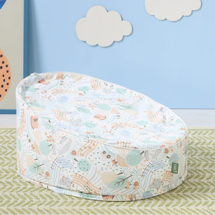 Good Life beanbag with top seat cover removed, revealing full printed base in soft natural hues for everyday use and playtime