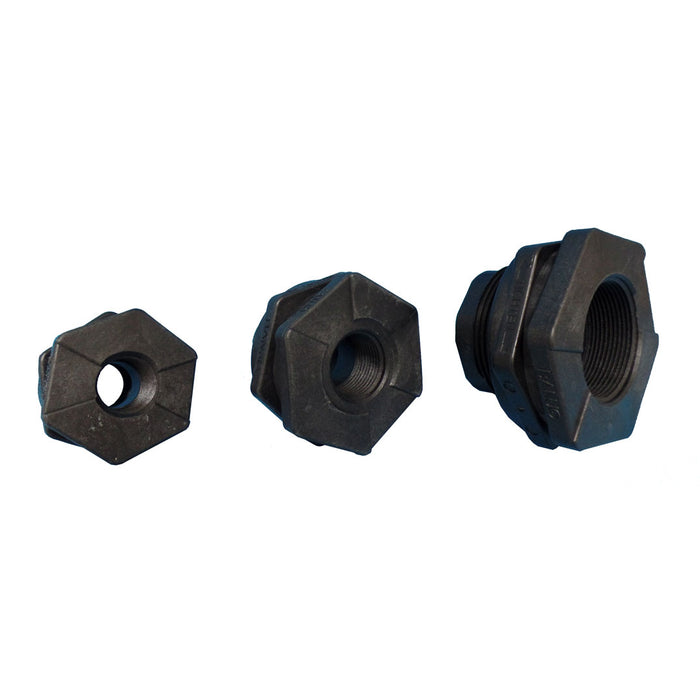 Three Banjo Bulkhead Fittings on a white background, showcasing threaded connections.