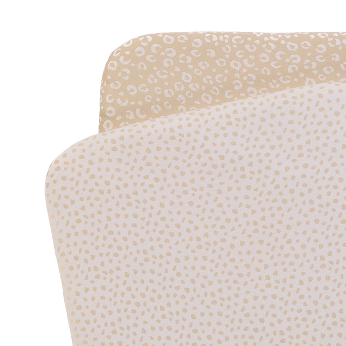 Pack of 2 Love Cats bedside crib fitted sheets with an animal print and an abstract dot print, on a white background