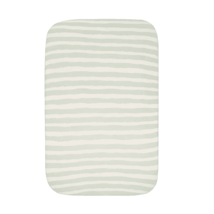 Bedside crib fitted sheet in the Run Wild collection with soft grey stripes, made from breathable cotton for snug sleep.