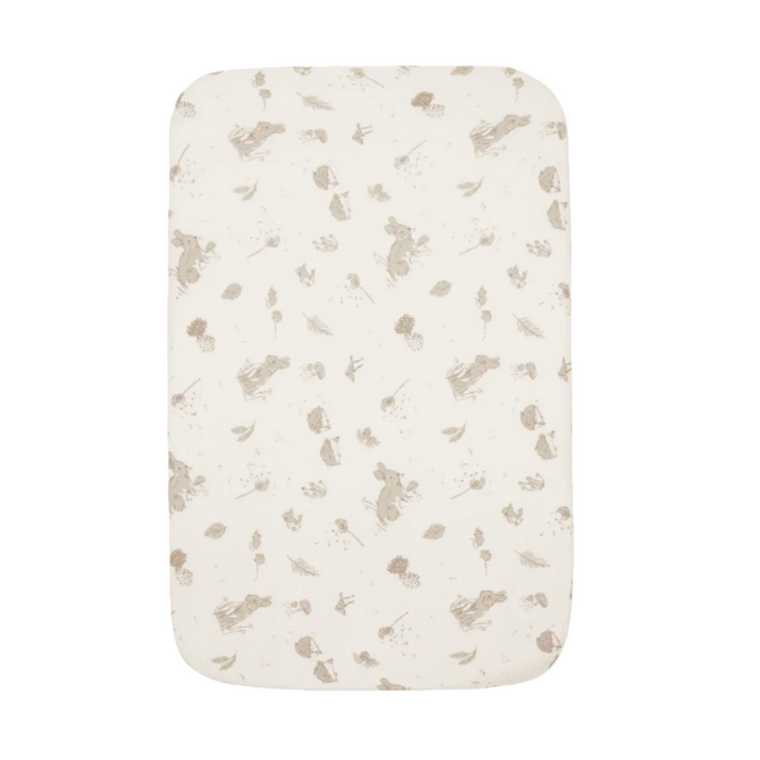 Cocoon bedside crib fitted sheet in woodland rabbit design, organic cotton fabric offering a soft, breathable and secure sleep fit