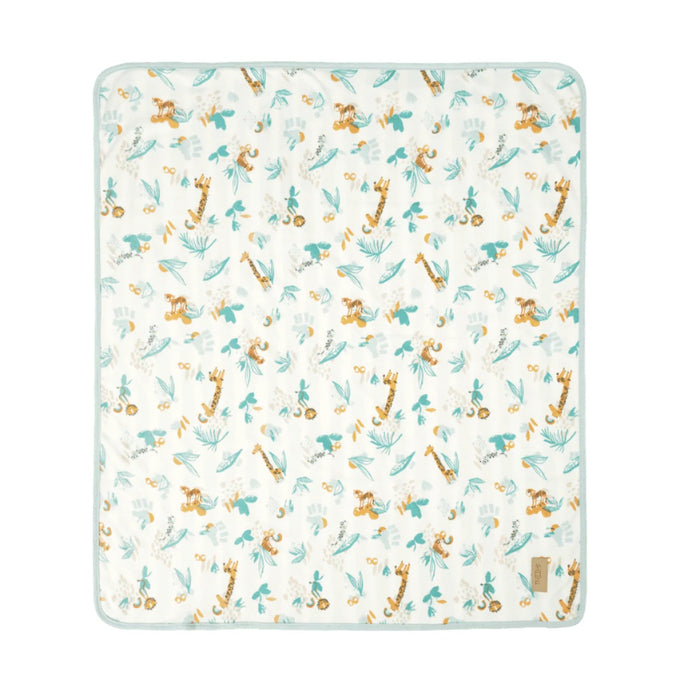 Open lay cutout of Run Wild coverlet, quilted organic cotton with woodland animal prints and soft grey trim for warmth and comfort