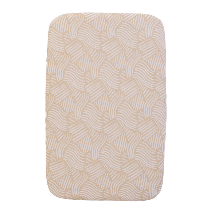 Fitted sheet with an abstract linear pattern in warm oat and cream hues, on a white background