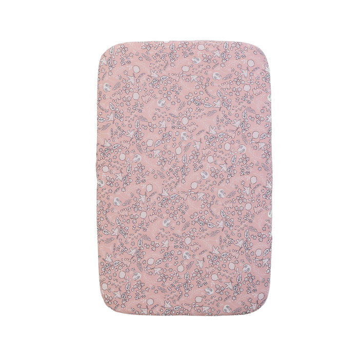 Tiny Tails floral-patterned pink bedside crib fitted sheets on a white background
