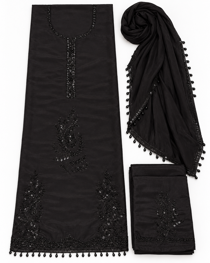 Black embroidered unstitched three-piece suit set
