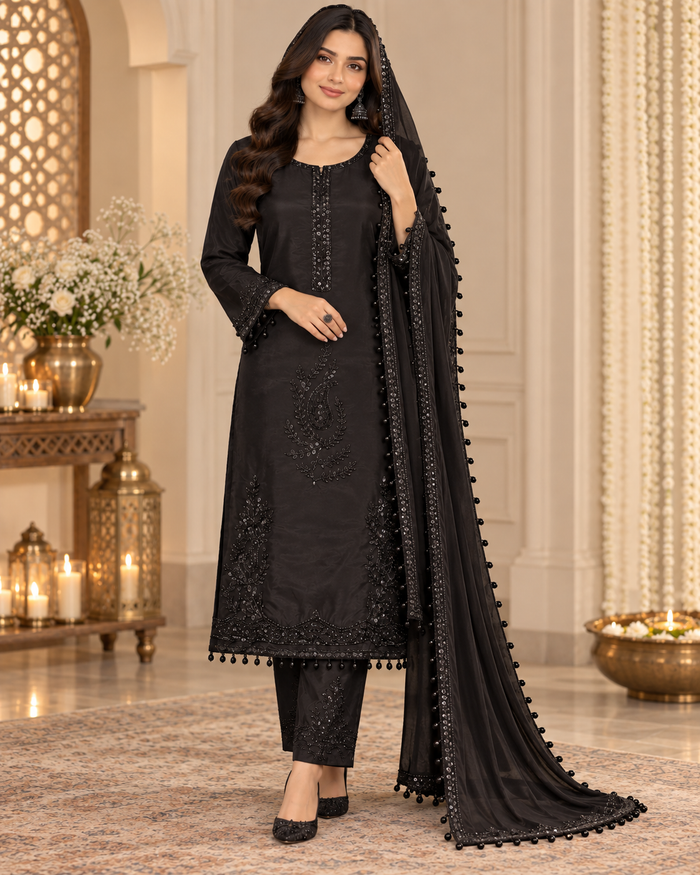 Black embroidered unstitched three-piece suit fabric detail