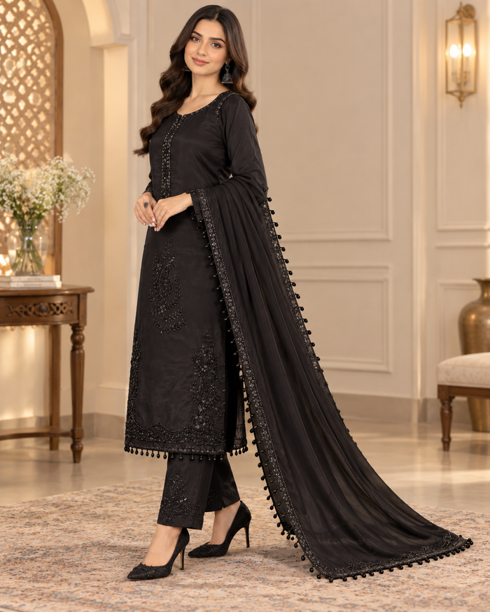 Black unstitched suit set coordinating dupatta and fabric view