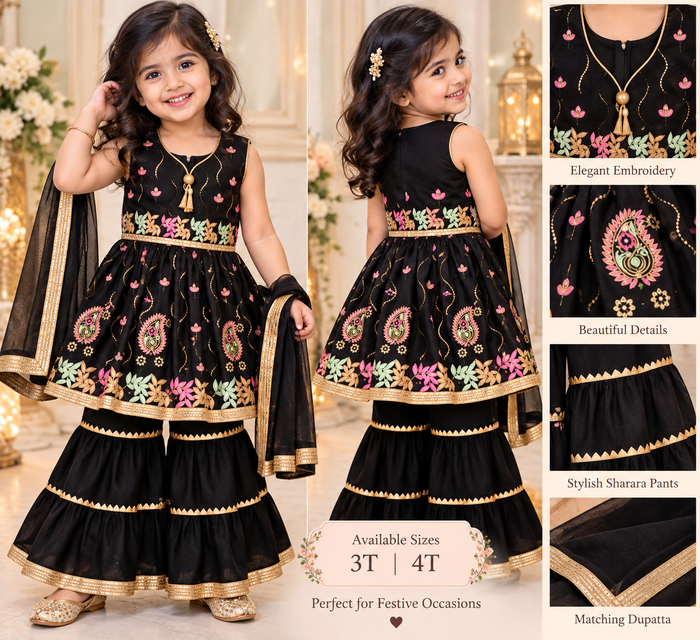 Black floral embroidered girls sharara set with dupatta alternate view