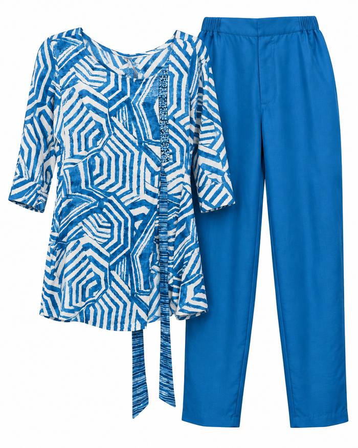 Blue and white geometric 2-piece pant set in size XL