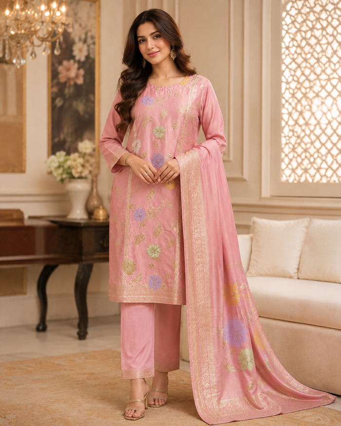 Blush pink embroidered three-piece suit alternate view