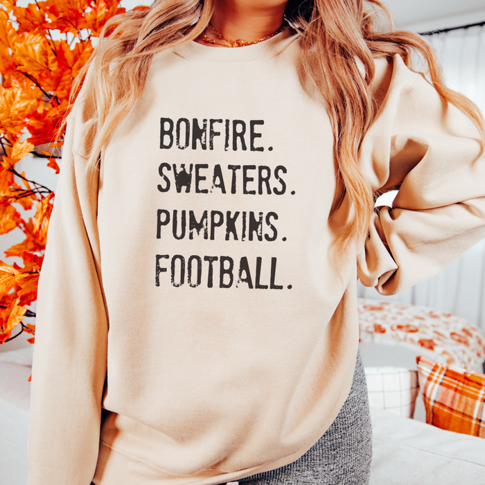Bonfire. Sweaters. Pumpkins. Football Fall Graphic Crewneck Sweatshirt