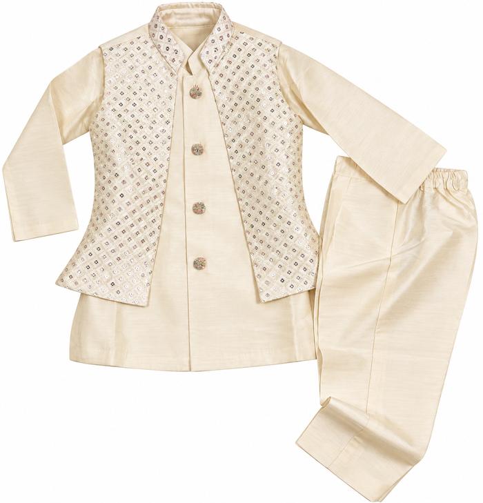 Boys ivory kurta pajama with embellished vest in size 3T