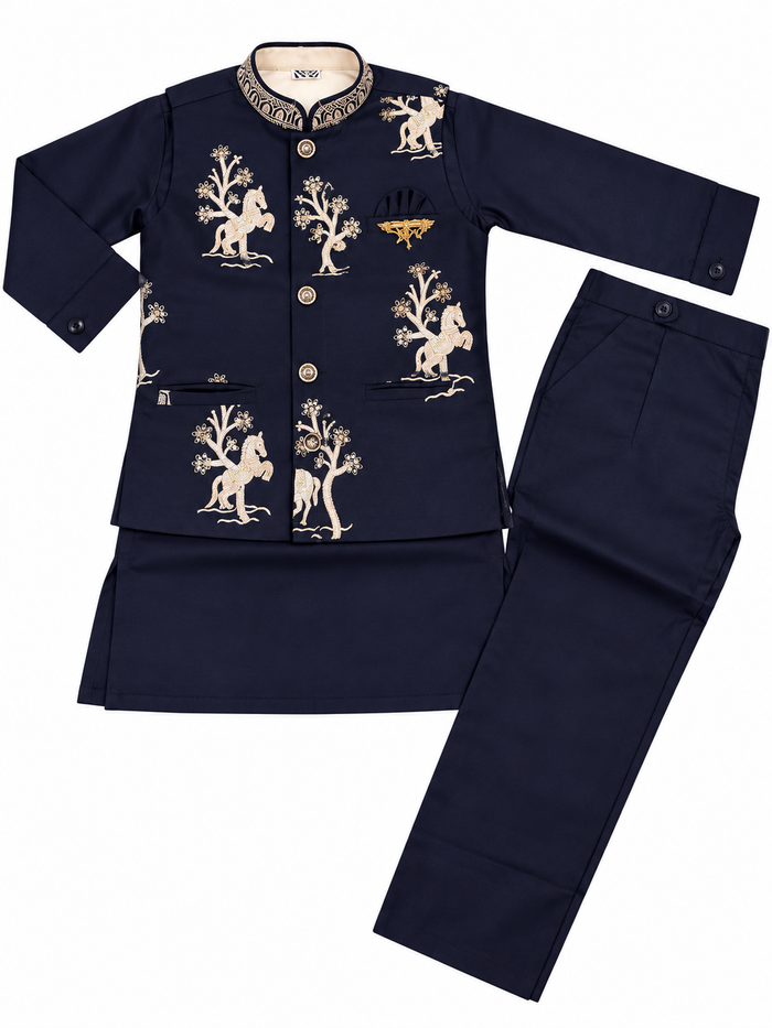 Boys Navy Blue Embroidered Indo-Western Set – Size 5T–6T