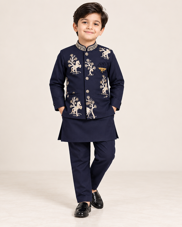 Boys Navy Blue Embroidered Indo-Western Set – Size 5T–6T