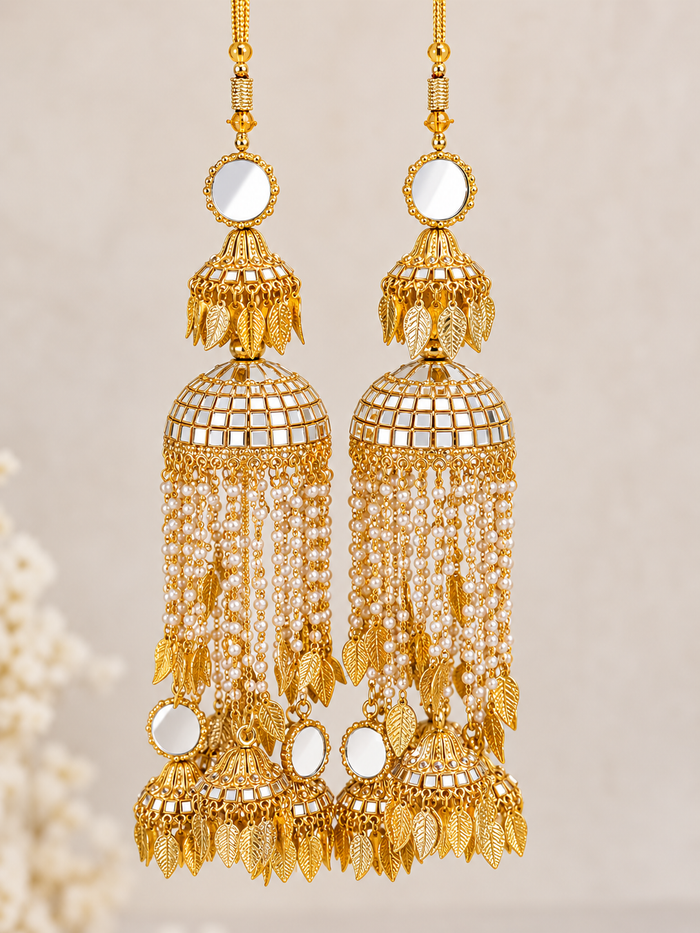 Bridal Gold-Tone Kalira Pair with White Mirrors & Pearl Drops