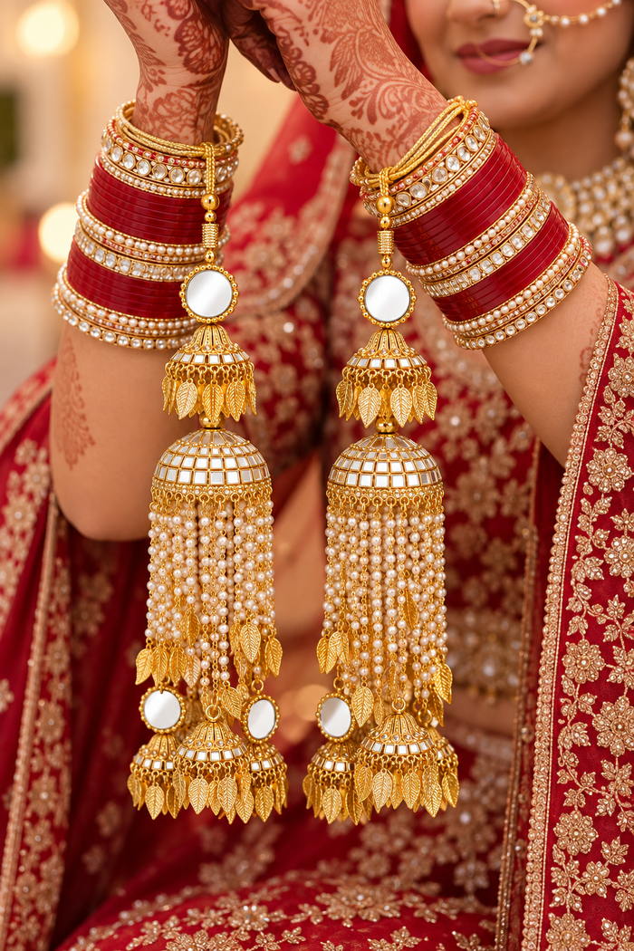 Bridal Gold-Tone Kalira Pair with White Mirrors & Pearl Drops