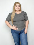 BRUSHED RIB RUFFLE BUBBLE SLEEVE TOP