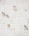 Calacatta broken joint glass mosaic tile 12x12 sheet with soft gray marble-look veining