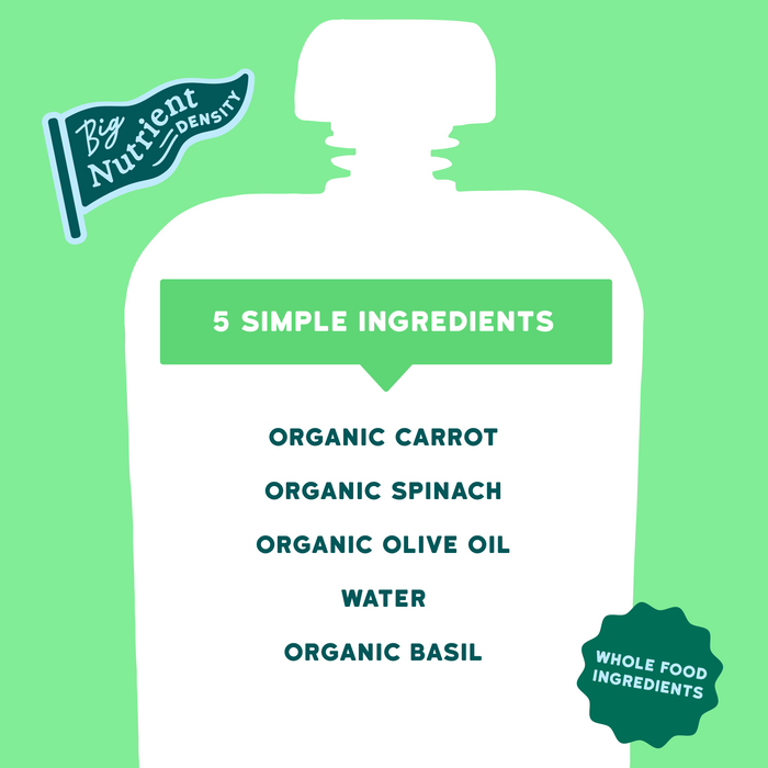 Carrot Basil pouch silhouette with ingredients listed on a green background, featuring 'Big Nutrient Density' branding.