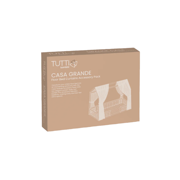 A box of the Casa Grande Floor Bed Curtains Accessory Pack by Tutti Bambini. The box is predominantly beige with an illustration of the accessory on the front.