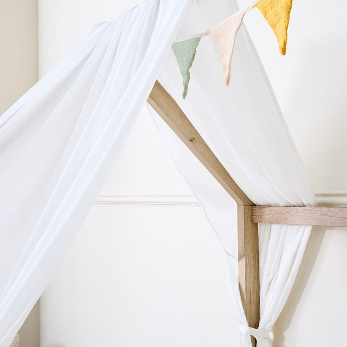 Close-up of the Casa Grande Curtains fabric roof accessory cover in white.