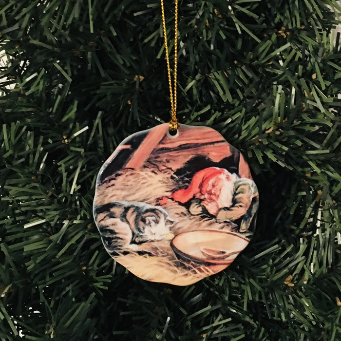 Ceramic Ornament, Tomte & Cat sleeping