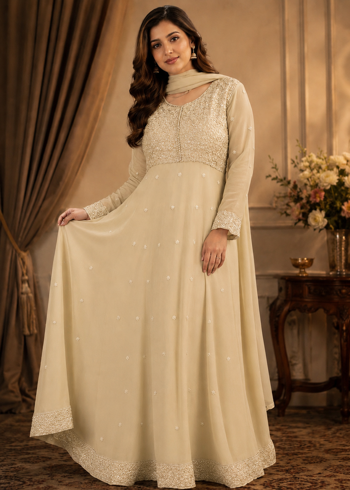 Champagne embroidered Anarkali set with dupatta