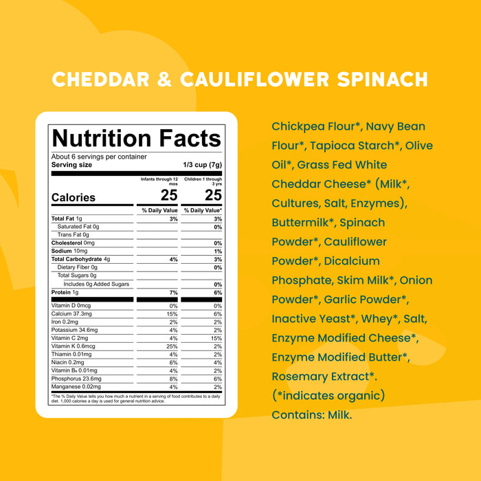 Cheddar Cauliflower Spinach Organic Grain Free Puffs, No Sugar