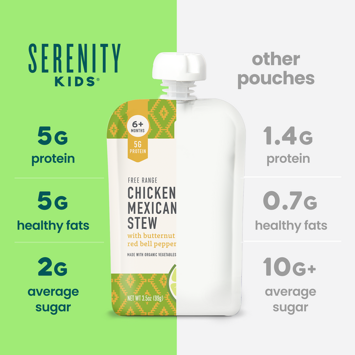 Serenity Kids chicken Mexican stew pouch with comparison information on a green and white background