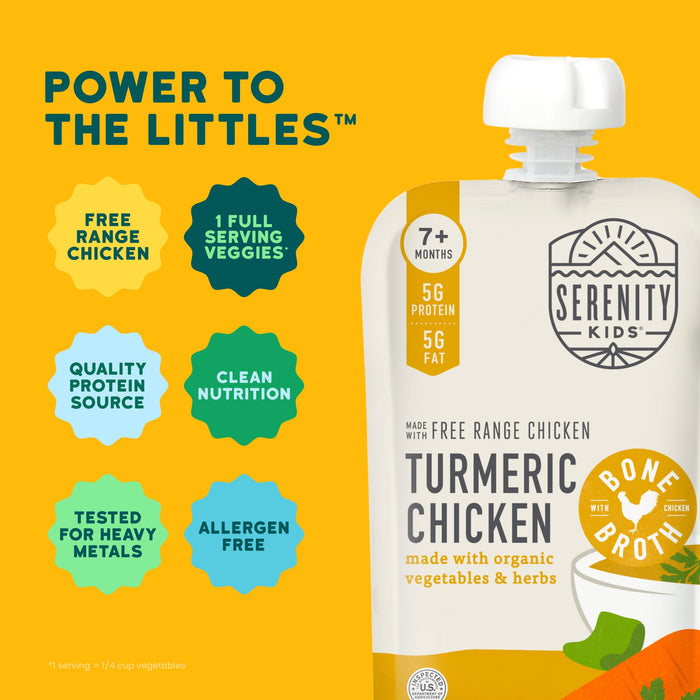Serenity Kids turmeric chicken pouch with product features on a yellow background